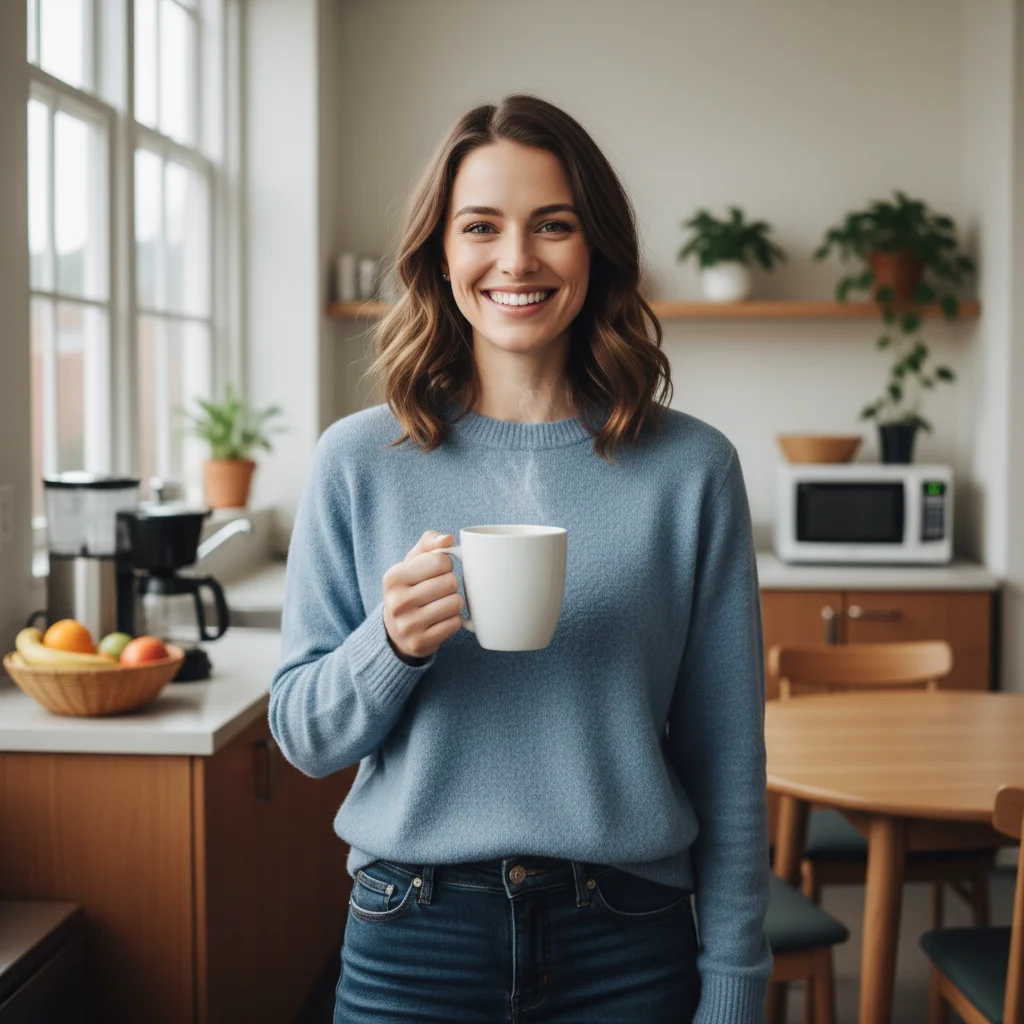 Casual office photo of a woman smiling and holding a coffee mug
