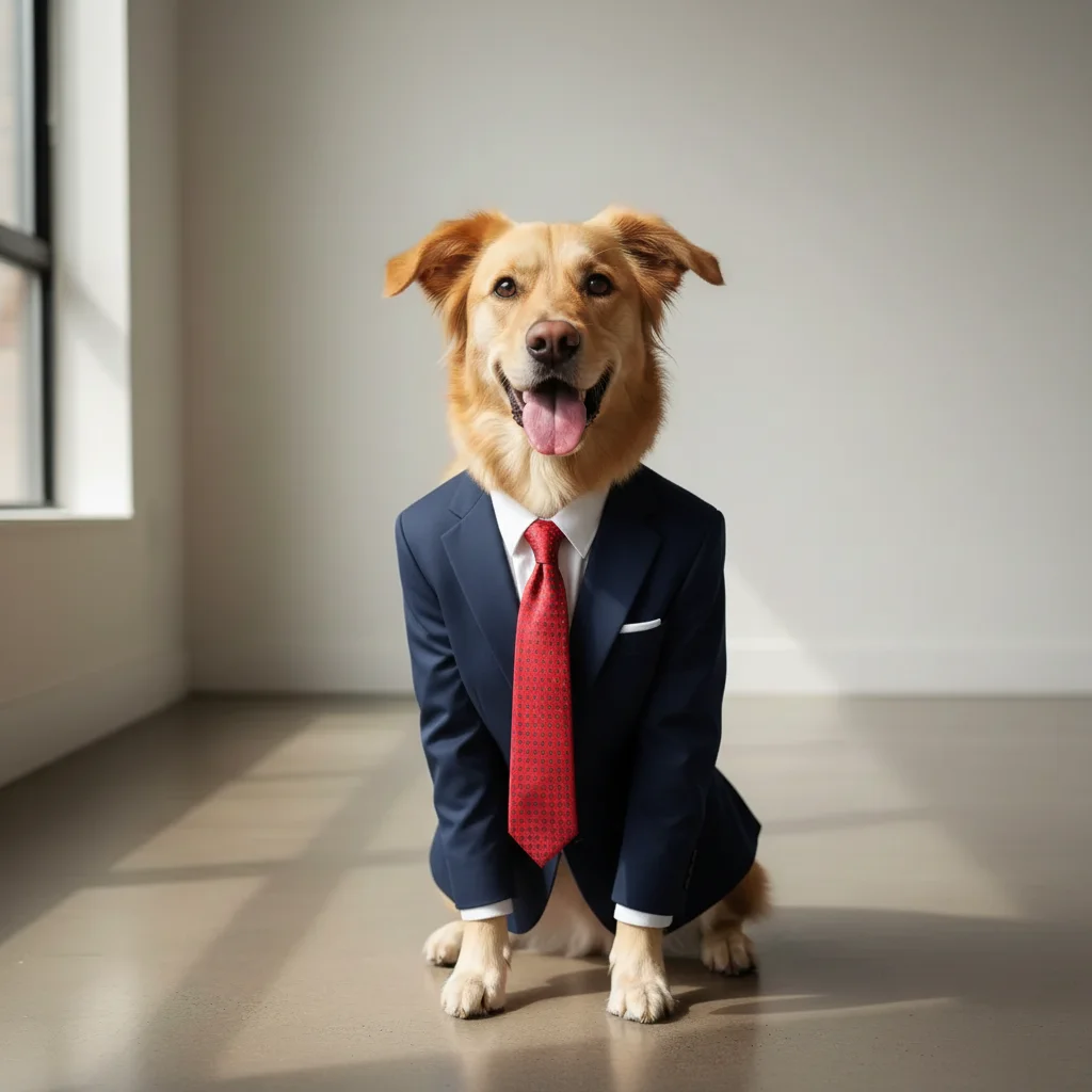 Same dog now wearing a sharp business suit with tie