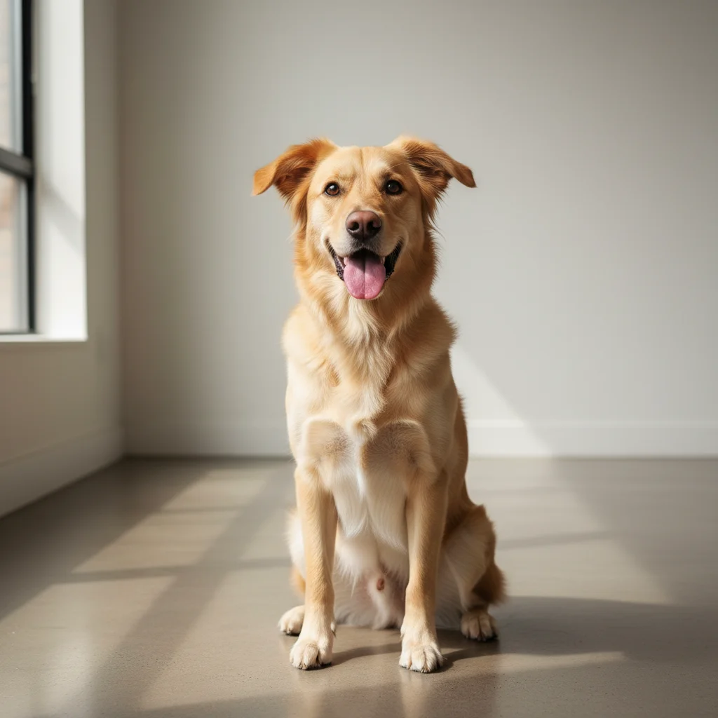 Regular dog sitting upright before suit edit