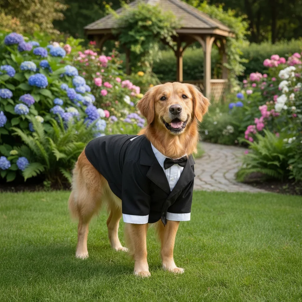 Same dog wearing a tuxedo with bow tie
