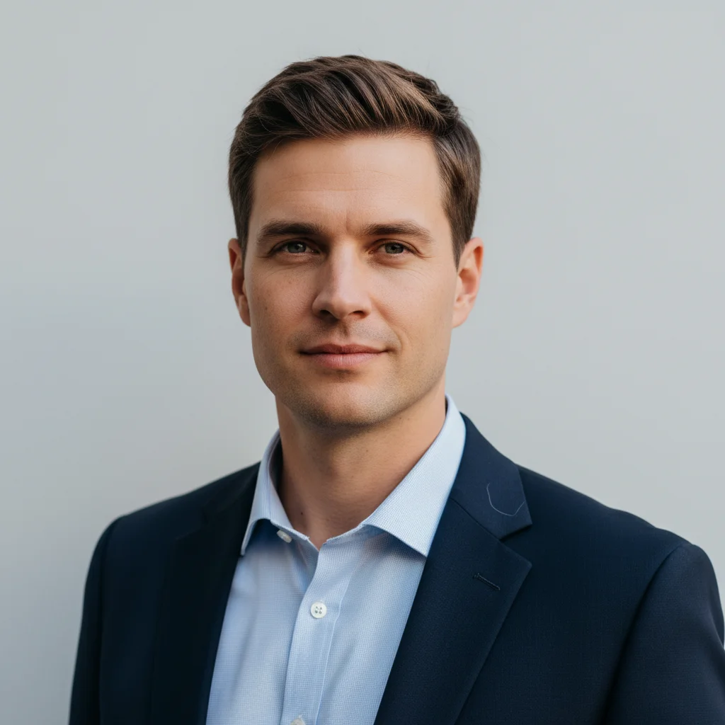 Professional headshot of a man against a plain gray background