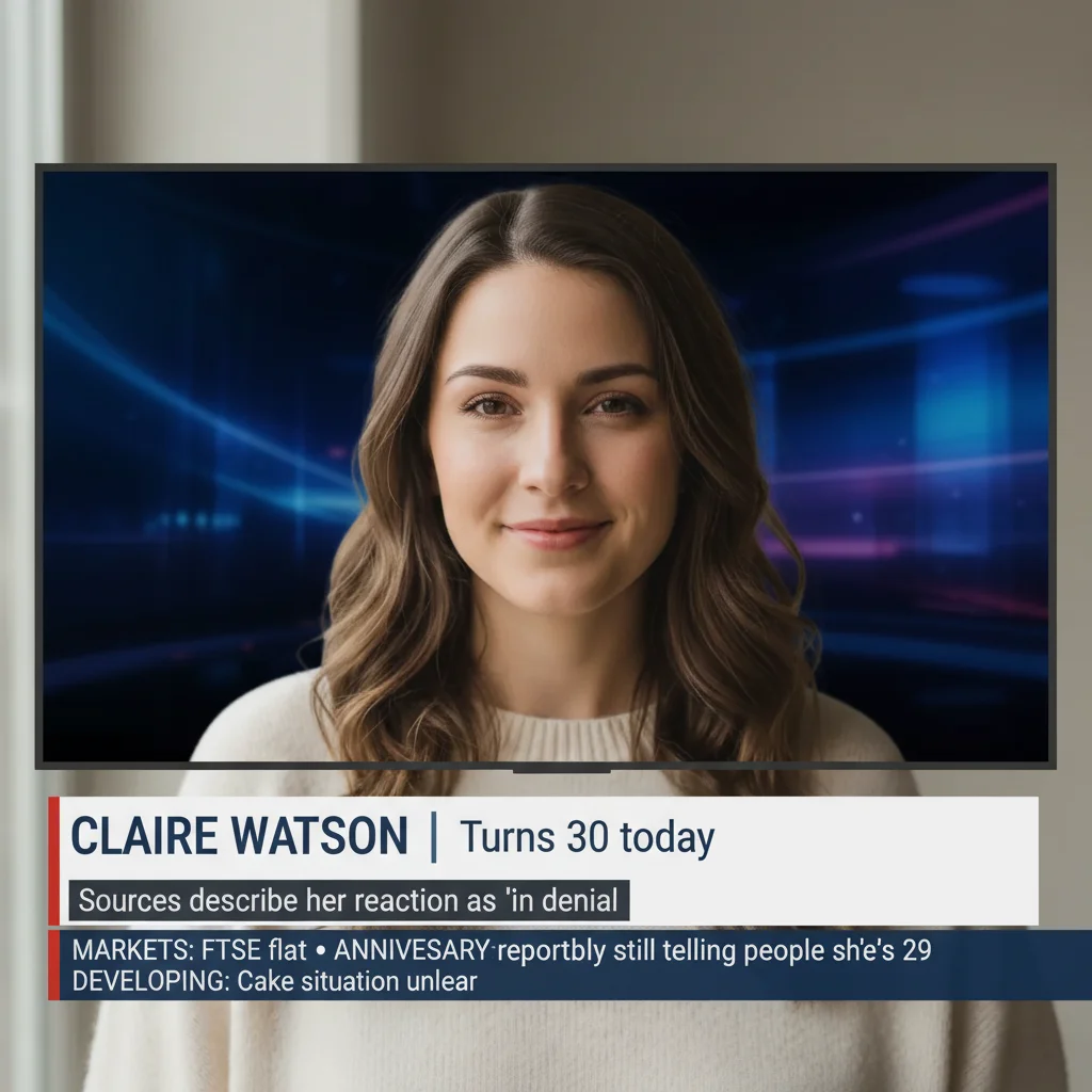 Woman's face composited into a BBC World News broadcast with formal lower-third chyron and absurd birthday-related ticker