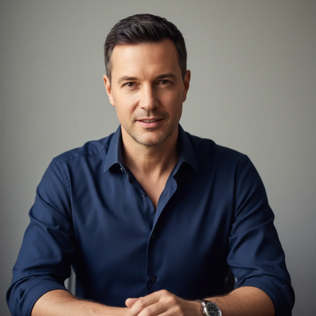 Professional headshot of man in navy blue shirt