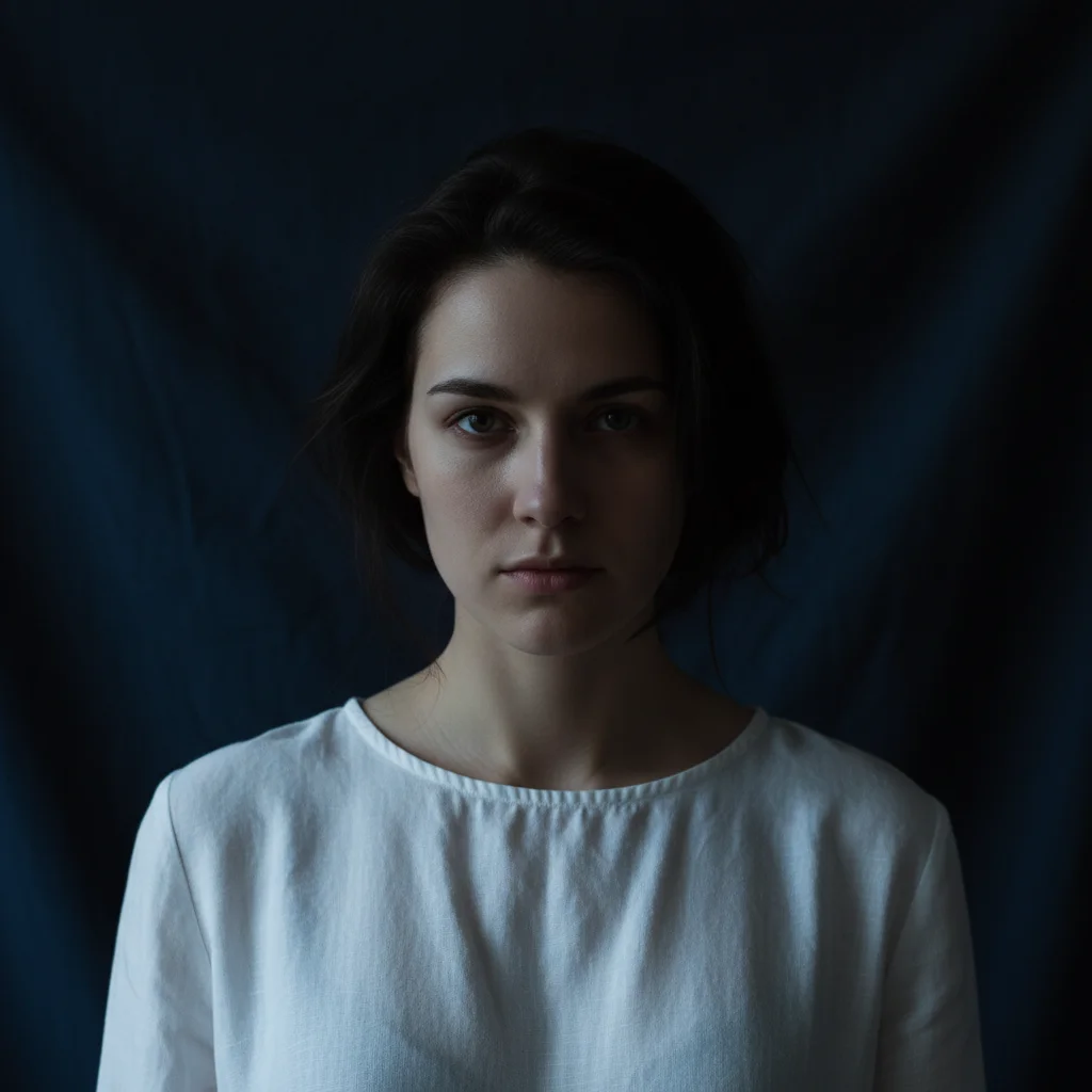 Portrait of woman in white blouse against dark background