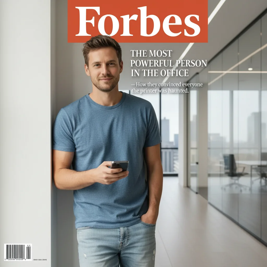 Same man on a Forbes-style business magazine cover with bold cover lines and professional lighting