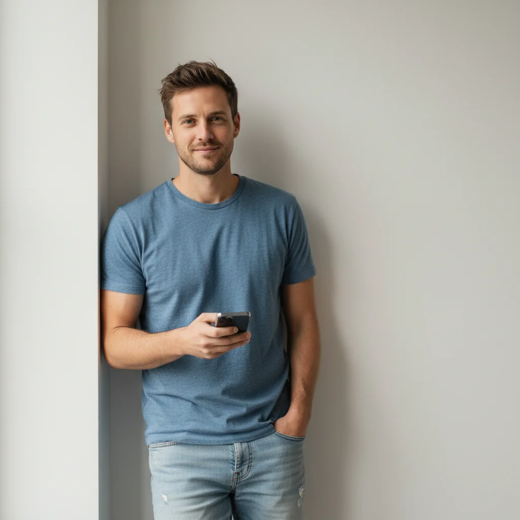 Man in casual clothes against a plain wall