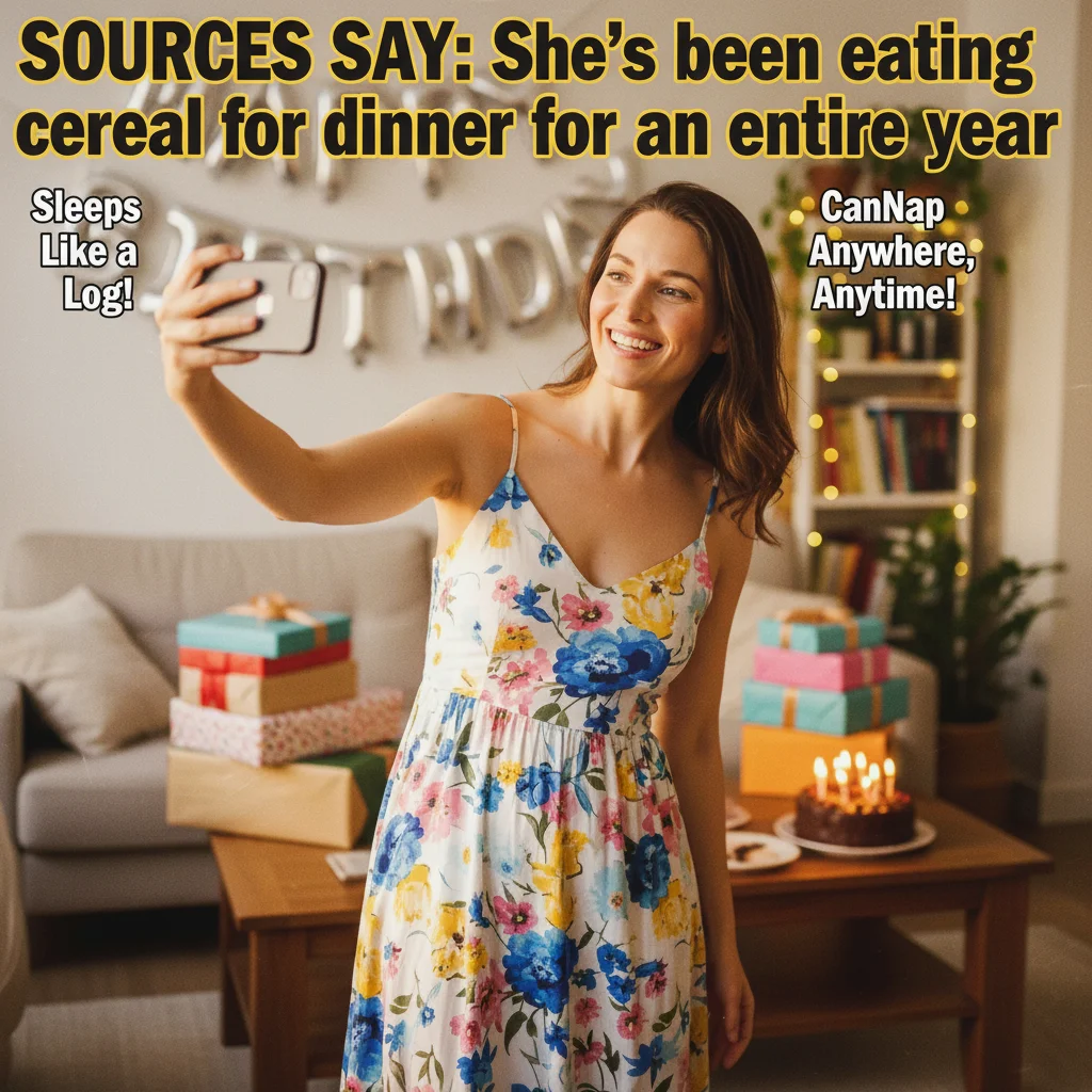 Same woman transformed into a celebrity tabloid cover with dramatic headlines and glossy magazine styling