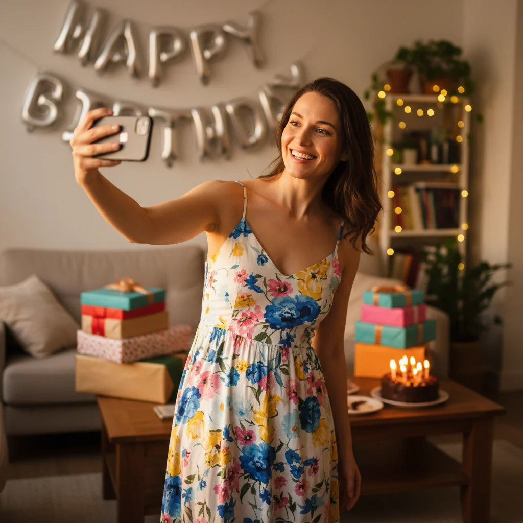 Woman taking a birthday selfie in a floral dress