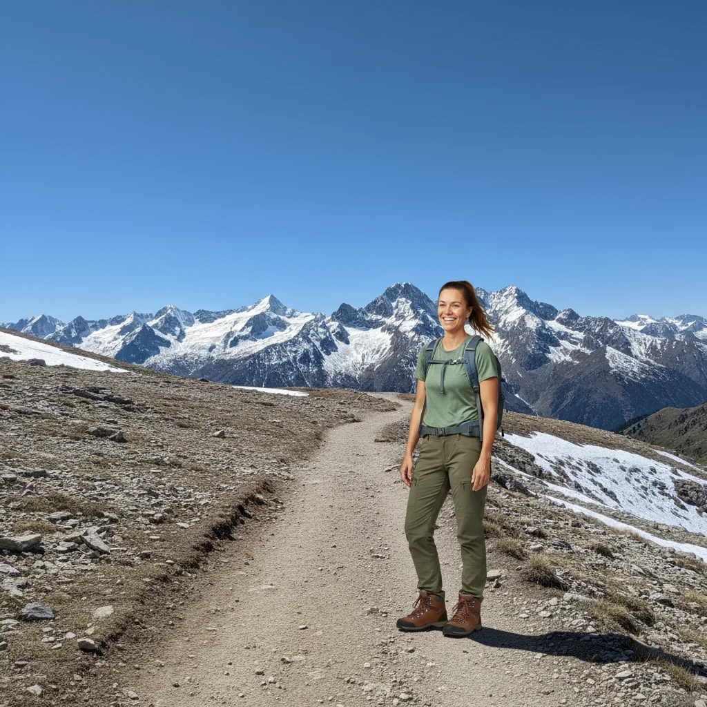 Same mountain scene with a person naturally standing on the trail