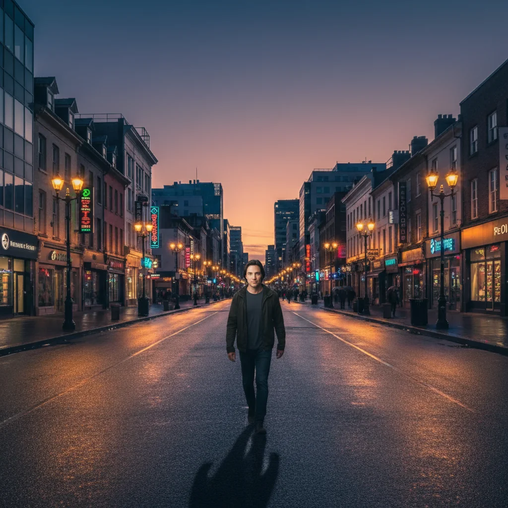 Same city scene with person walking naturally in the foreground