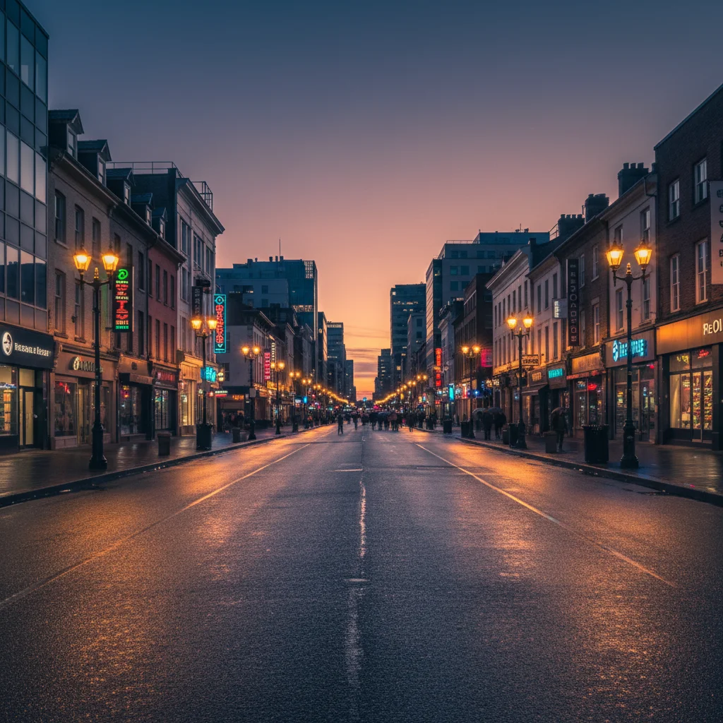 City street at dusk with empty foreground