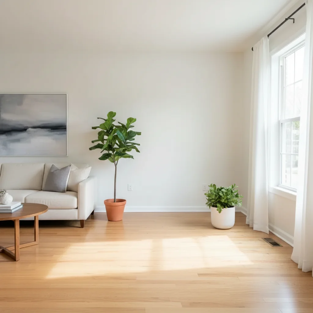 Same corner with a large potted plant naturally placed next to the window