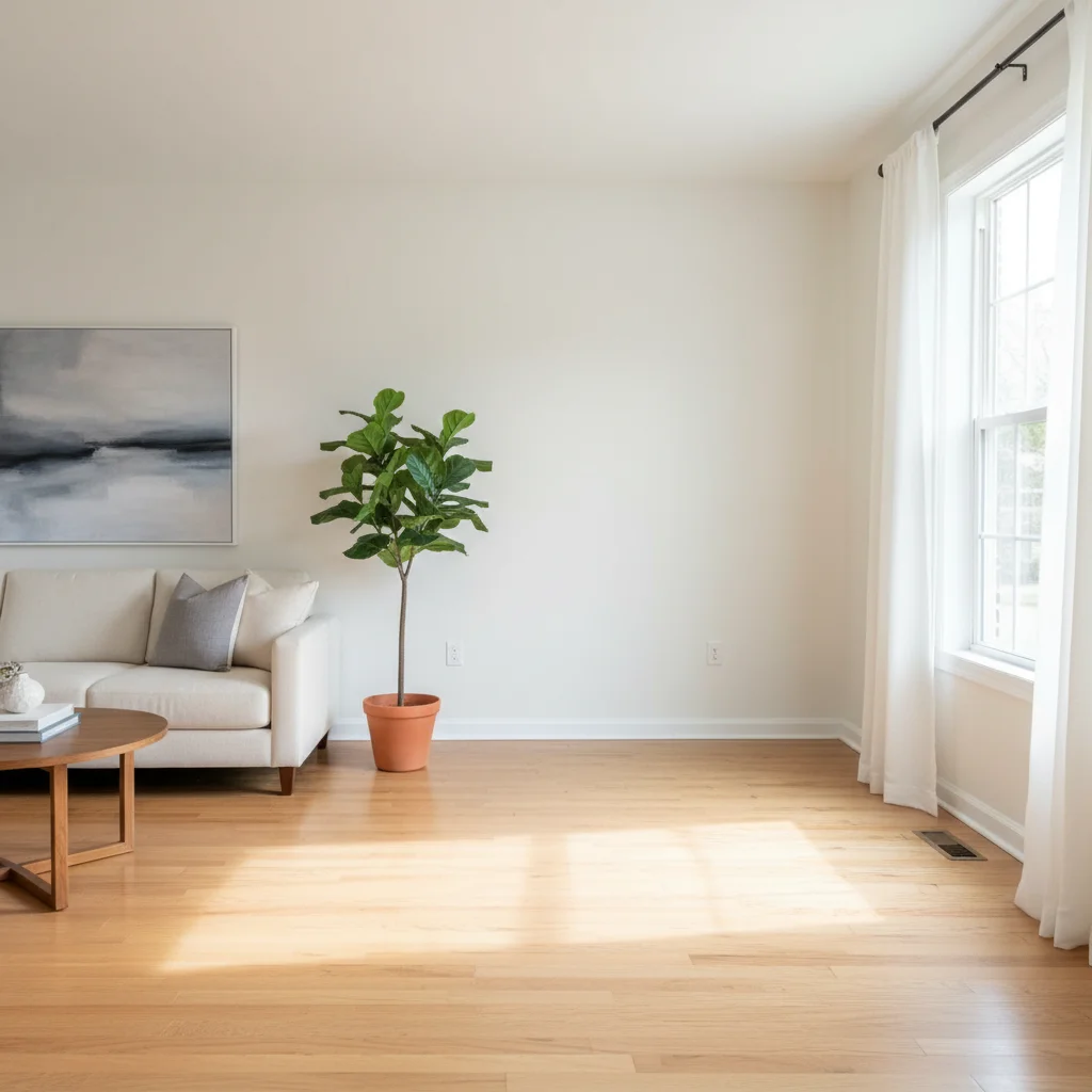 Living room with empty corner near a window
