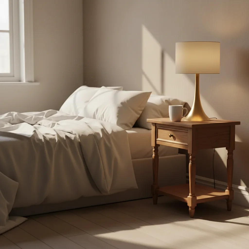 Same bedroom with a ceramic mug naturally placed on the bedside table