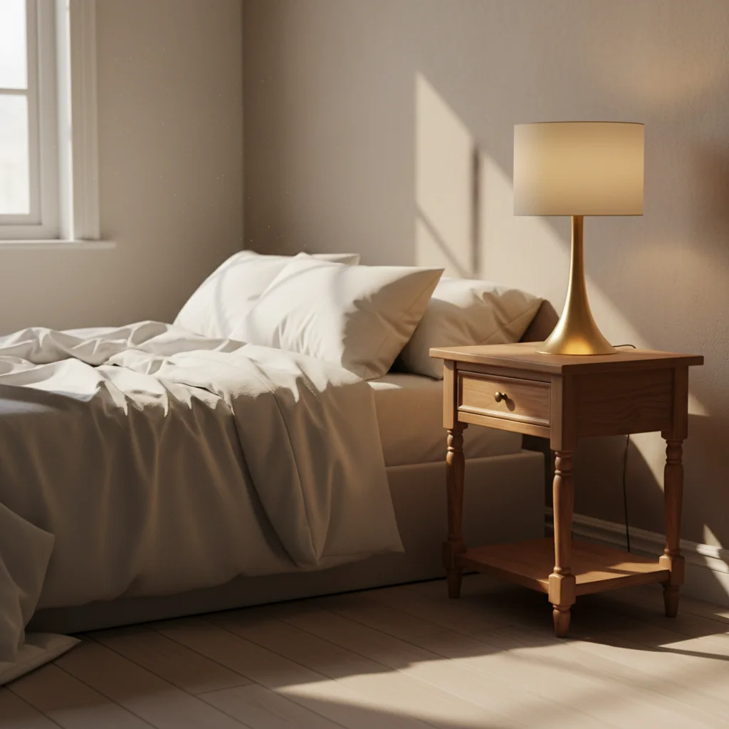Cozy bedroom with empty bedside table surface