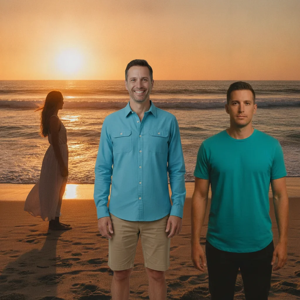Both people standing together on the beach at sunset, matched lighting