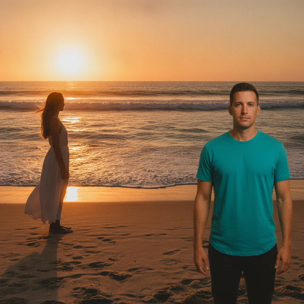 Woman alone on a beach at sunset and a man alone against a studio background, two separate photos