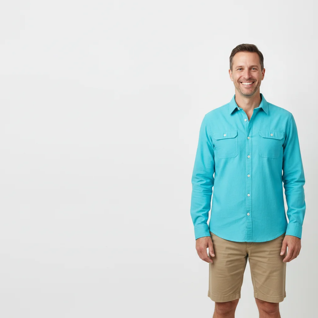 Man in a bright teal shirt to be added beside the woman