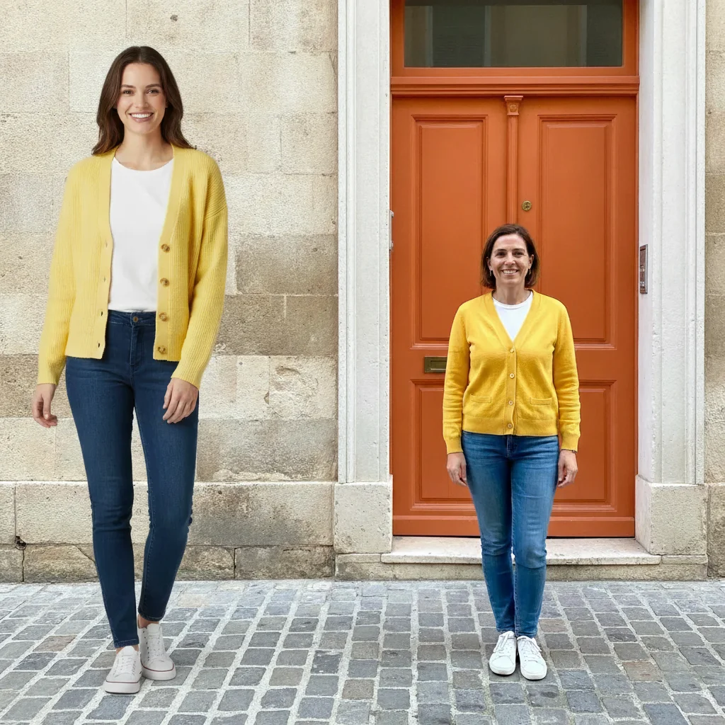 Both women standing together in front of the orange door, smiling