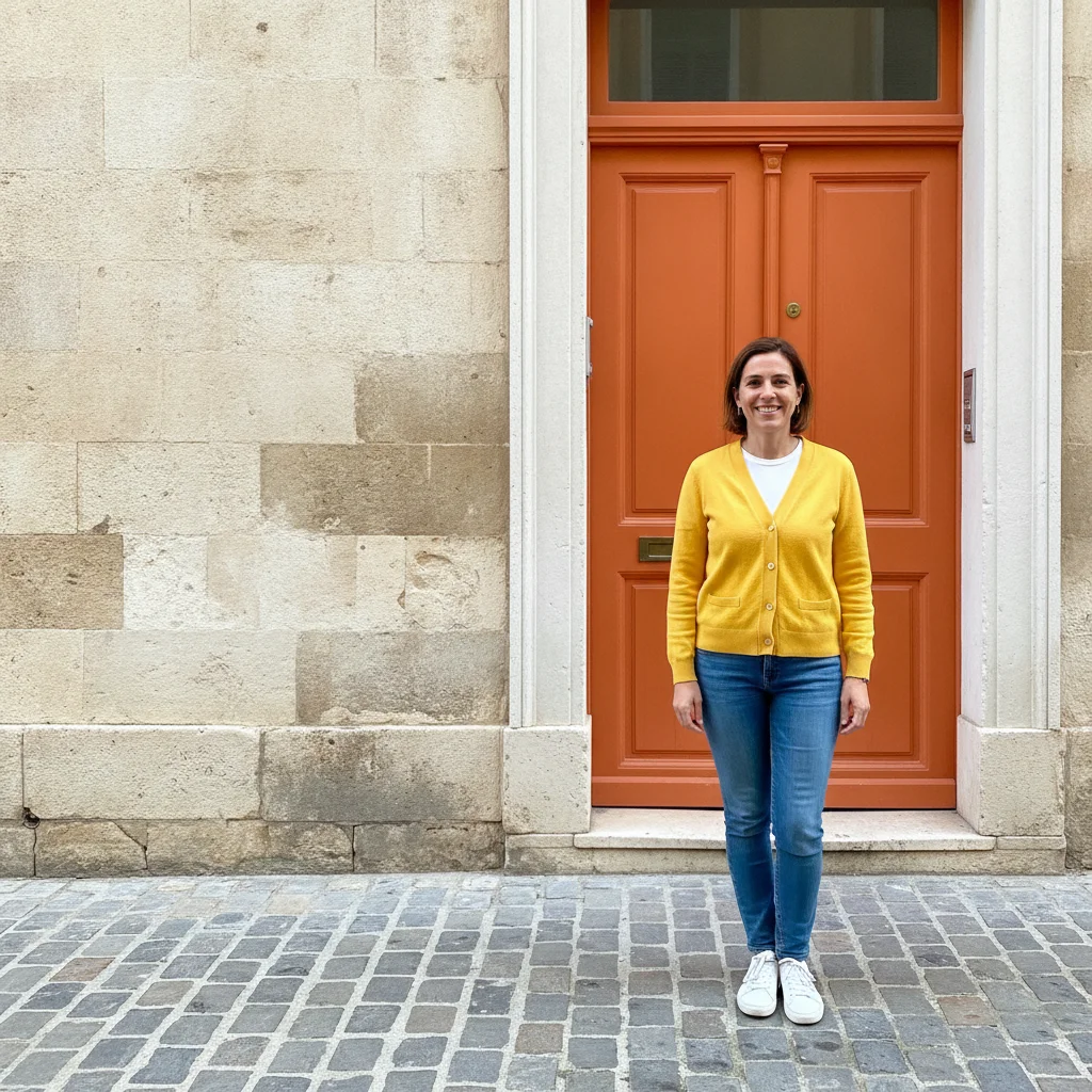 Woman in front of an orange door and a woman in a yellow cardigan, two separate photos