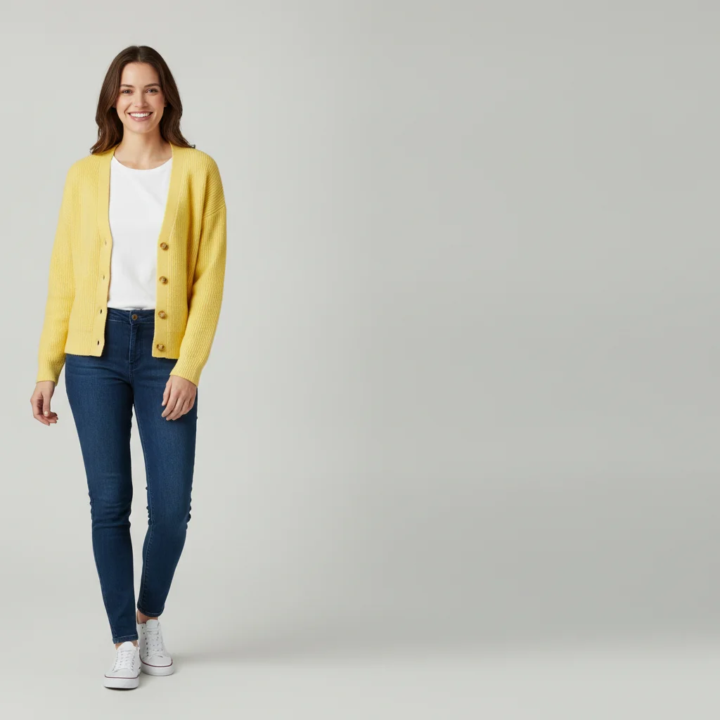 Woman in a bright yellow cardigan to be added beside the first friend