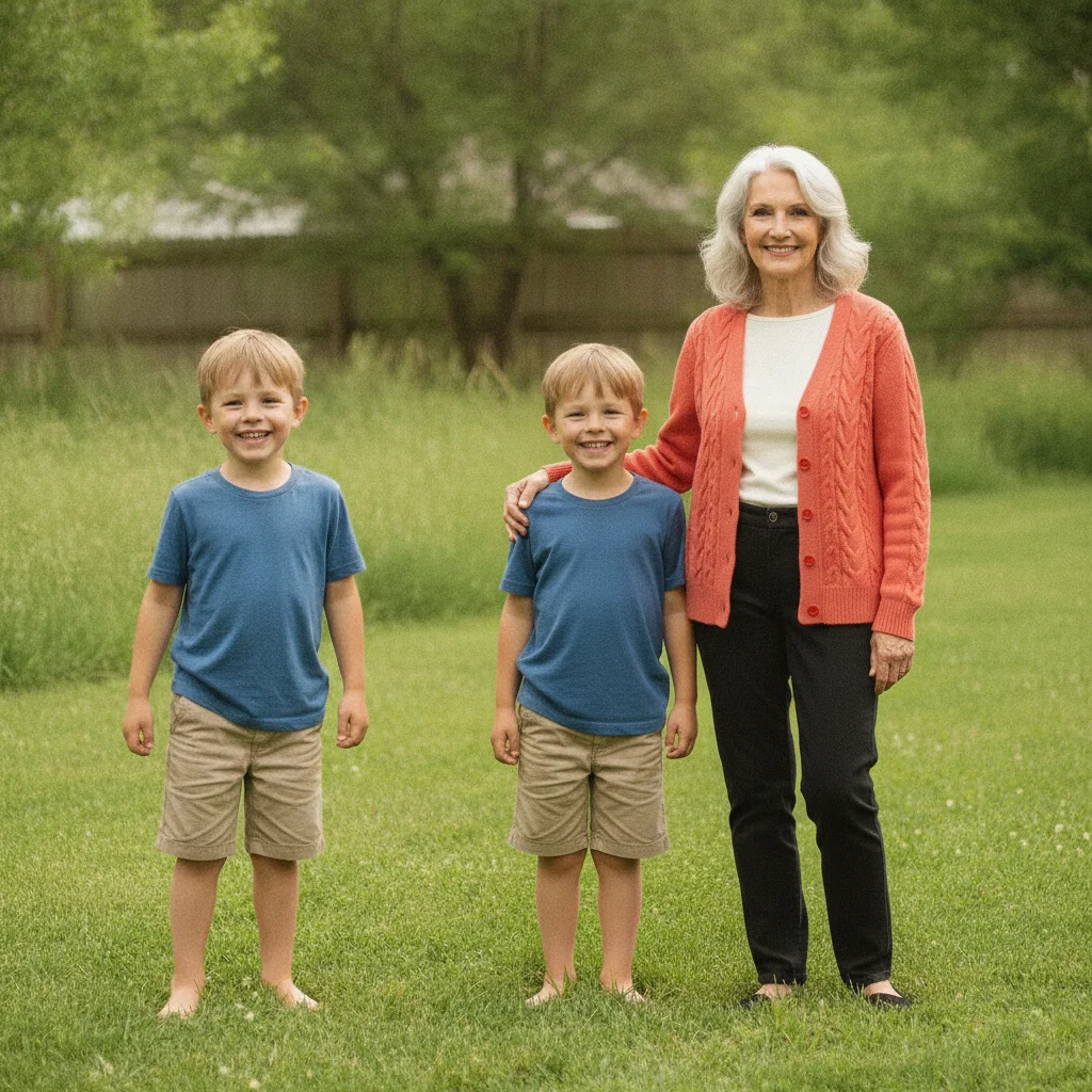 Grandmother and grandson standing together in the backyard, arm around his shoulder