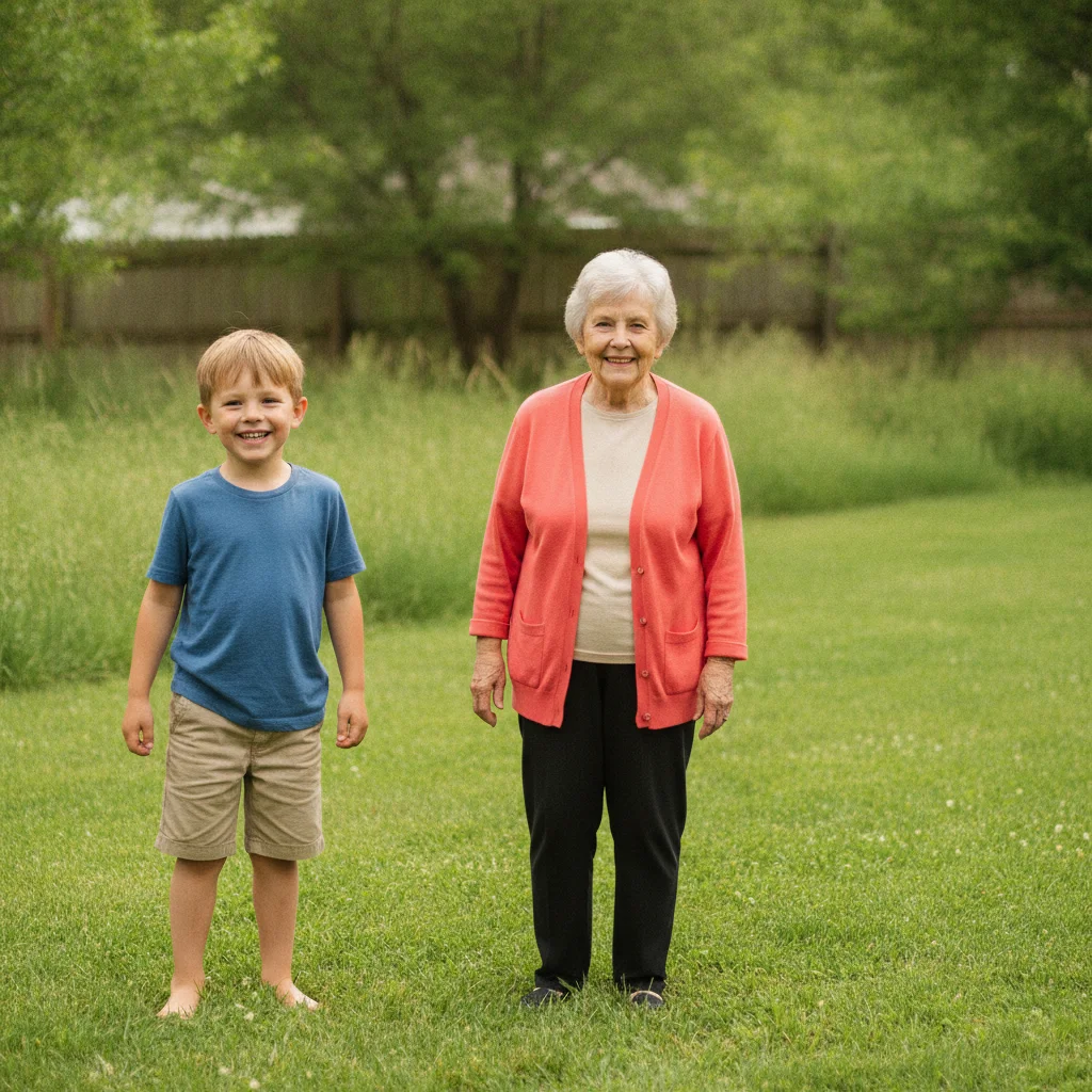 Young boy alone in a backyard and grandmother alone against a plain background, two separate photos