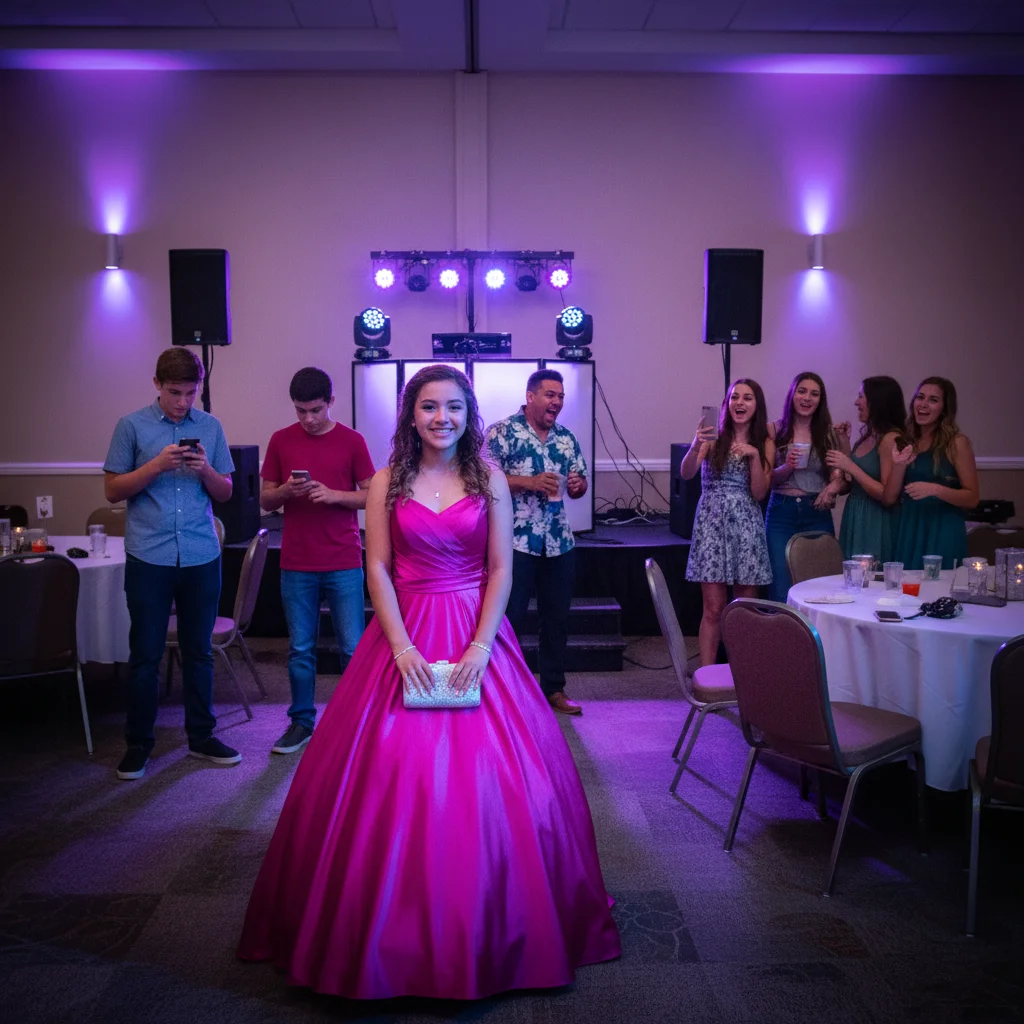 Sweet 16 photo with crowd distractions and harsh purple lighting