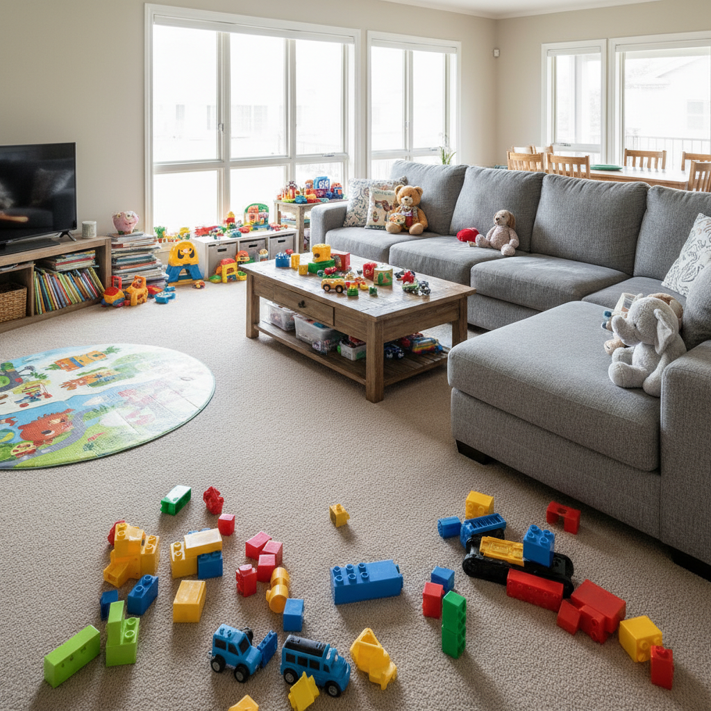 Clean, spacious living room with clear floor and tidy furniture