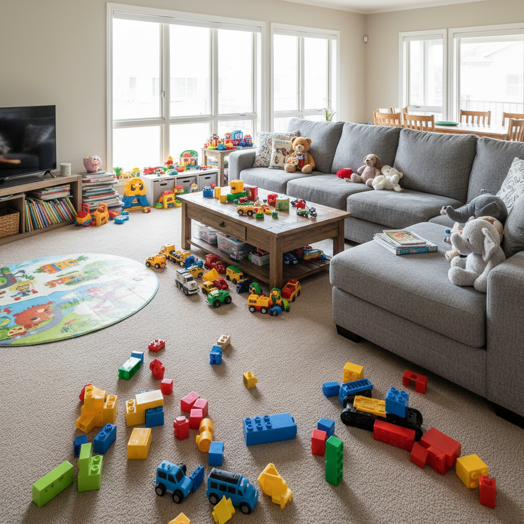 Living room floor and couch covered with scattered children's toys
