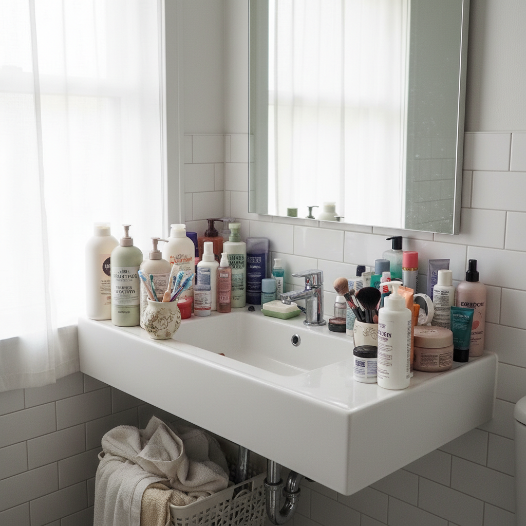 Clean white bathroom vanity with only faucet visible, looking spacious