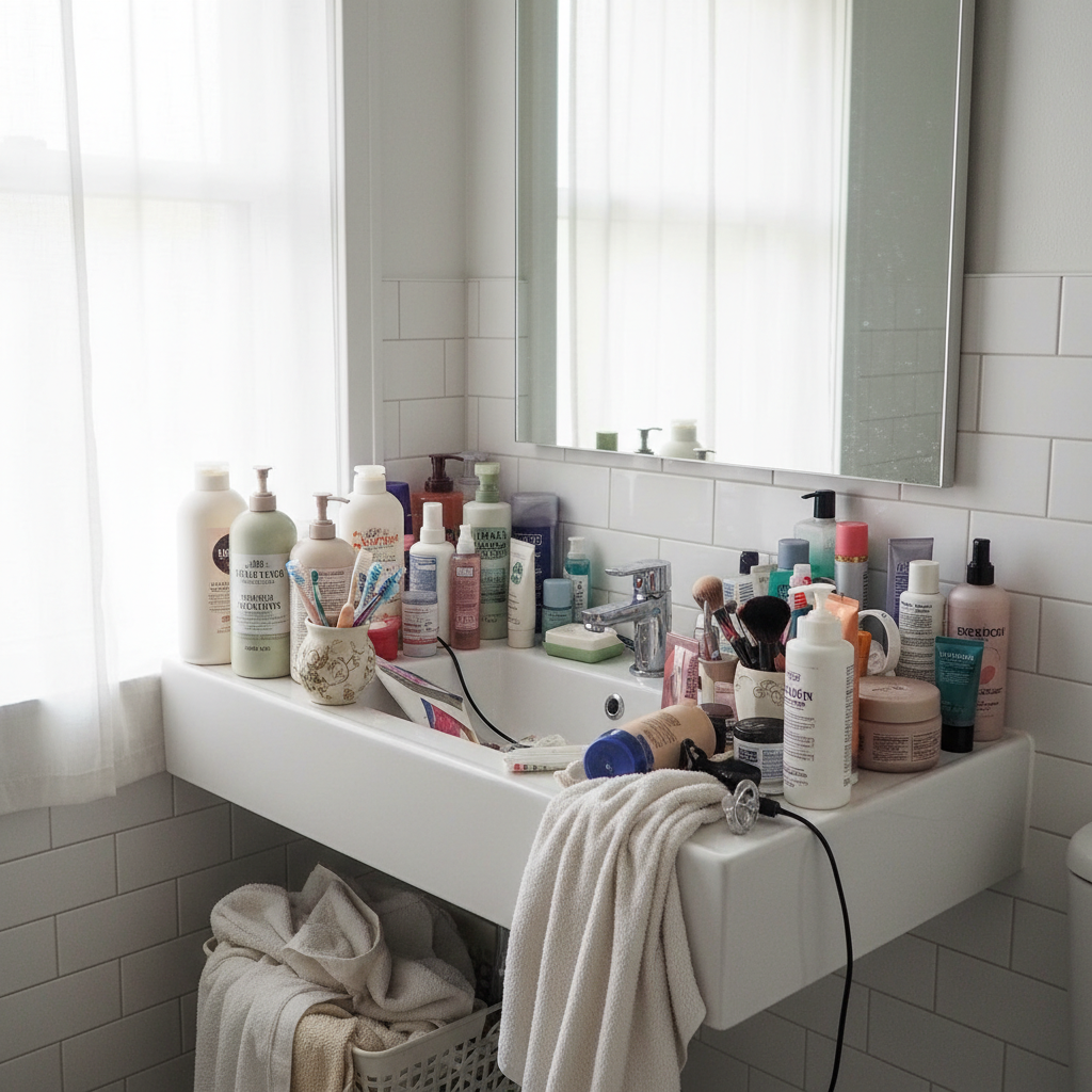 Bathroom counter covered with toiletries, bottles, and personal items