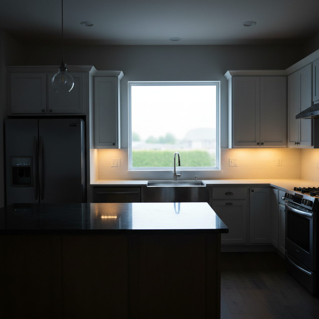 Same house with bright inviting lighting