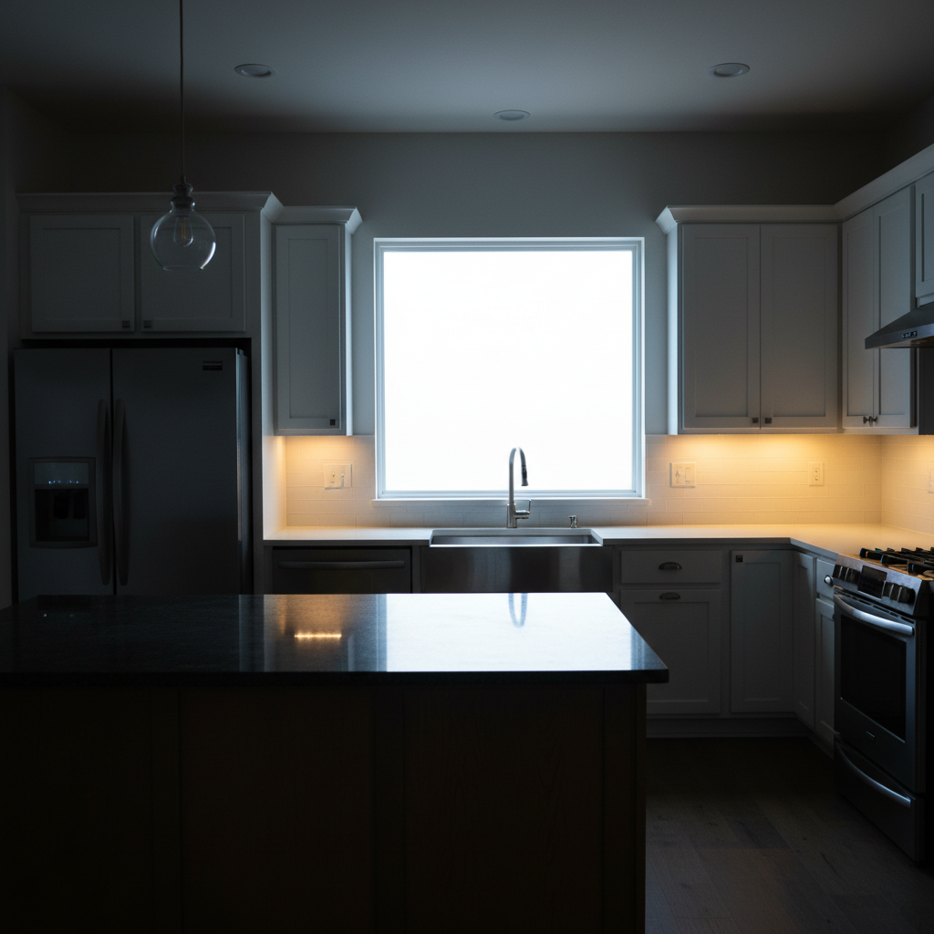 House with dark shadowy exterior on overcast day