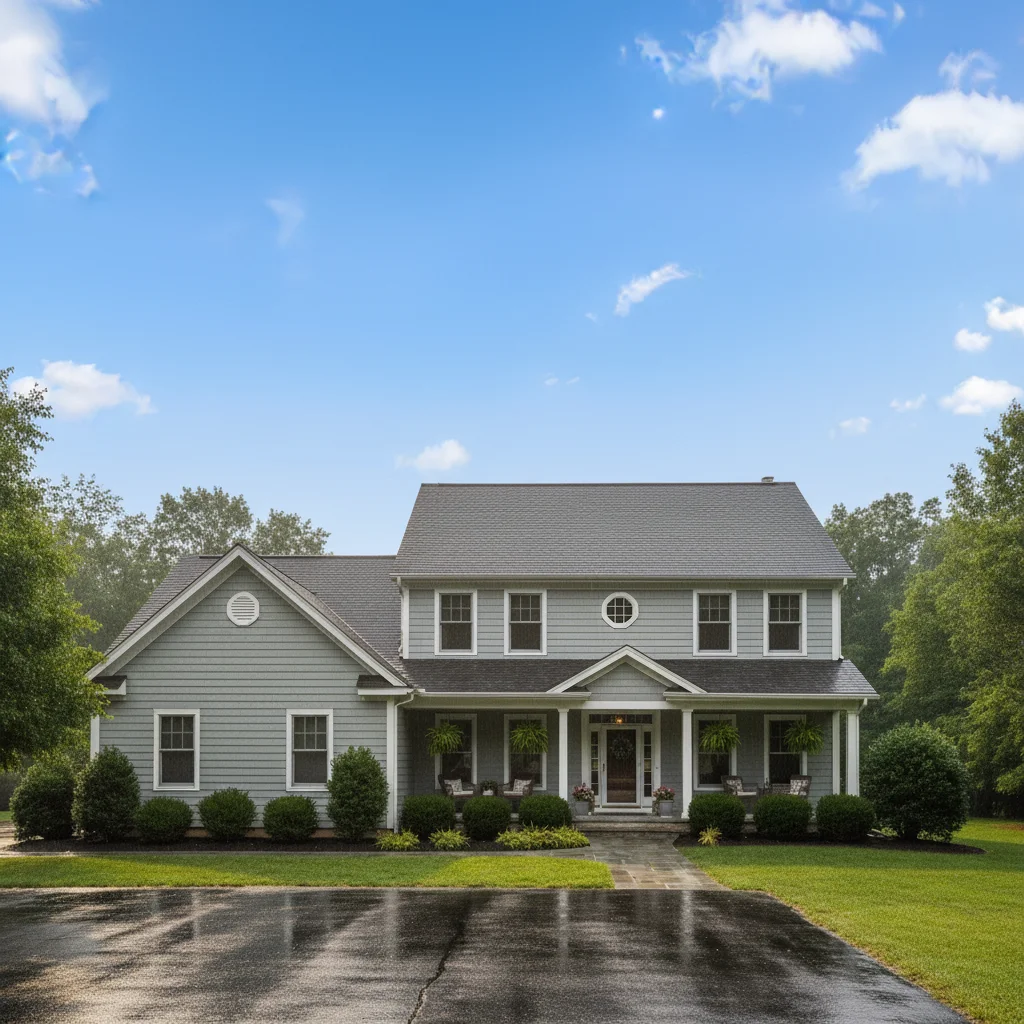 Same house with bright blue sky and white clouds looking welcoming