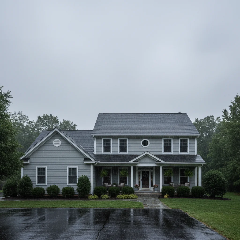 House exterior with grey rainy sky looking uninviting