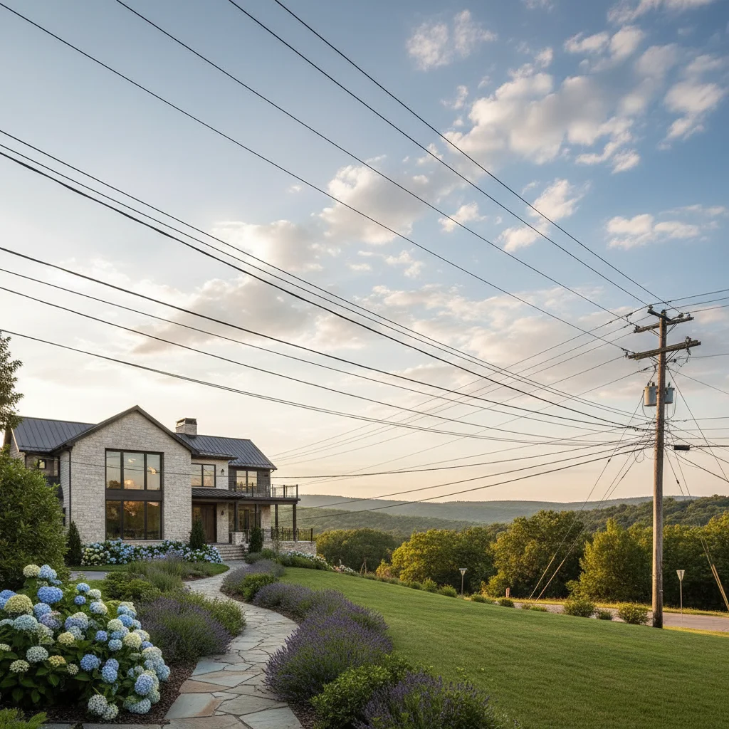 Craftsman home with distracting power lines crossing the sky