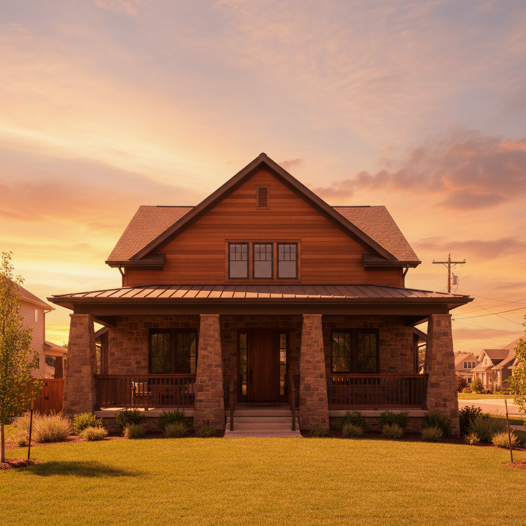 Same house with warm golden hour sunset sky and glowing facade