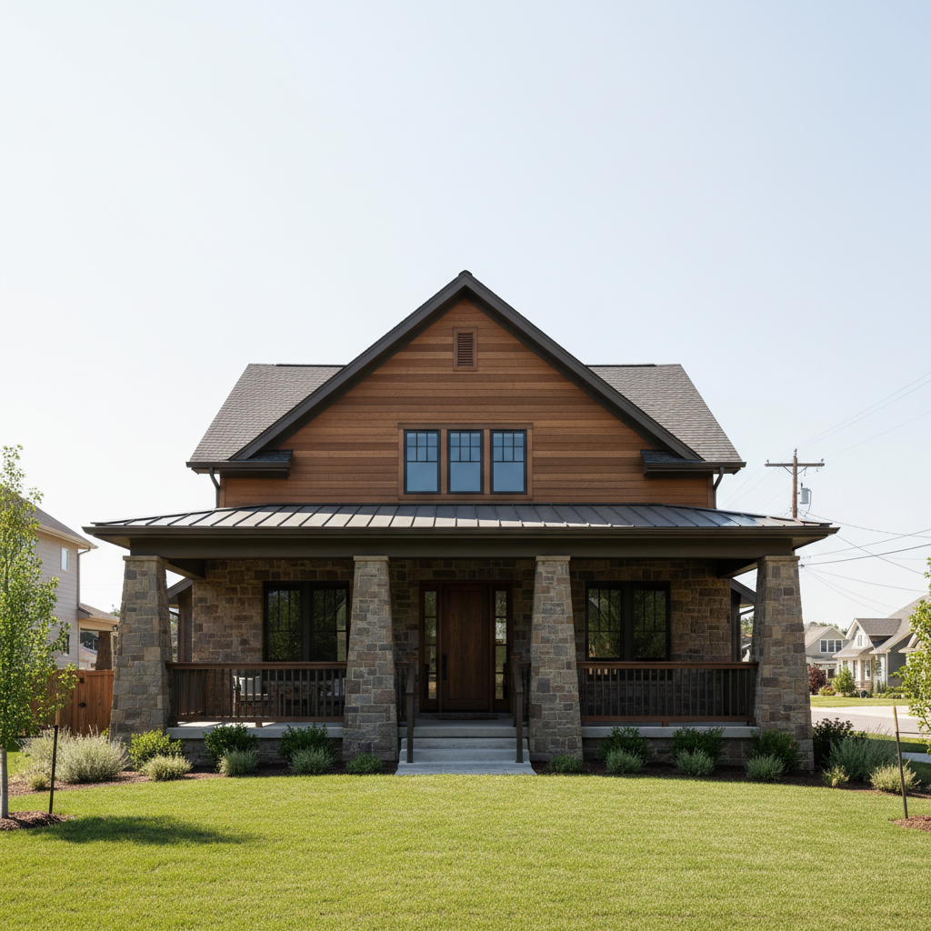 Craftsman house with harsh midday lighting and washed out sky
