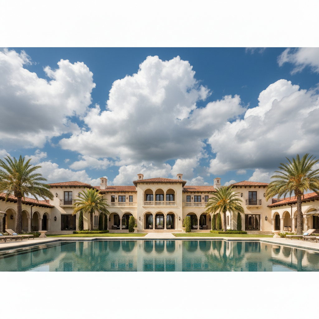 Same mansion with dramatic blue sky and impressive cumulus clouds
