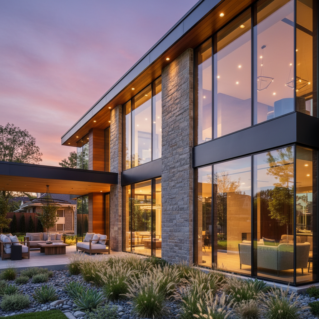 Same luxury home at twilight with warm interior lights glowing and dramatic sunset sky