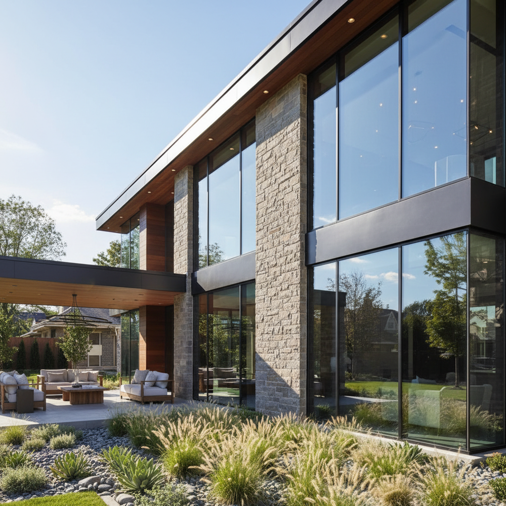 Luxury contemporary home in bright afternoon light with reflective dark windows