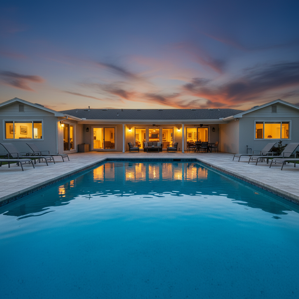 Same pool at twilight with blue underwater lights and warm house glow reflecting in water