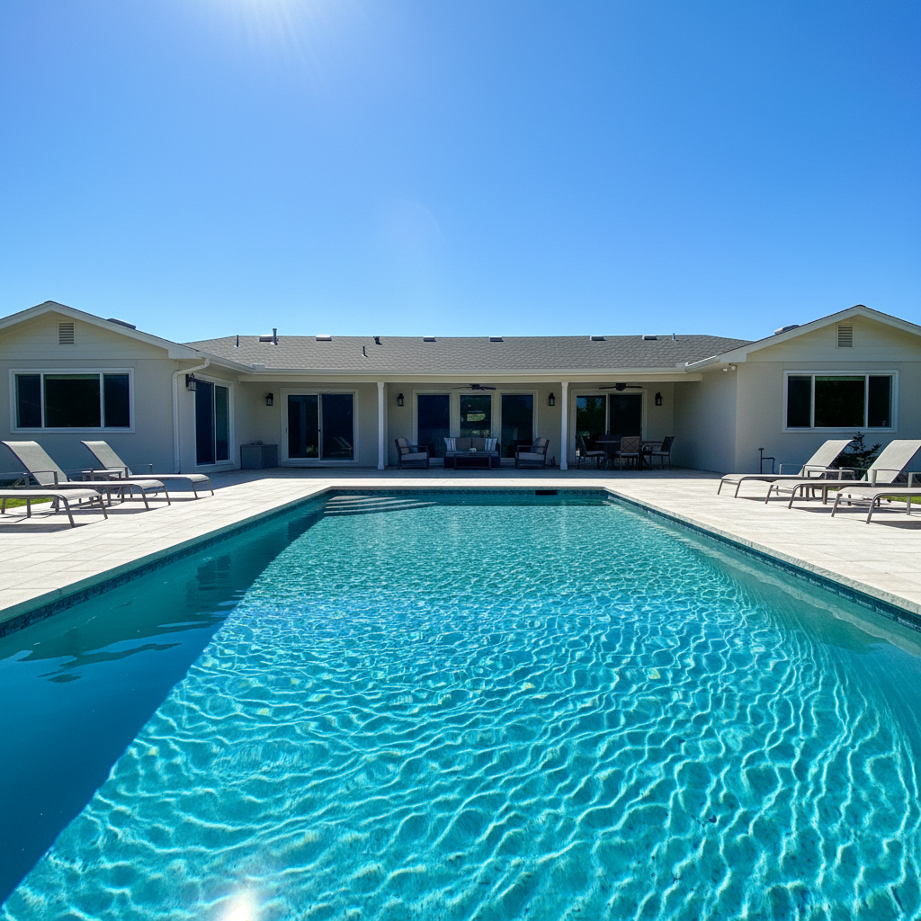 Backyard pool in bright midday sun with dark house windows