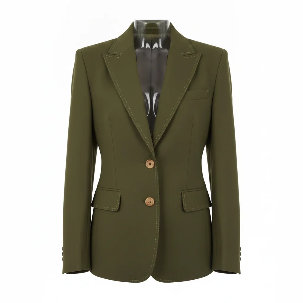 Same blazer in olive green with identical lapels, buttons, and topstitching