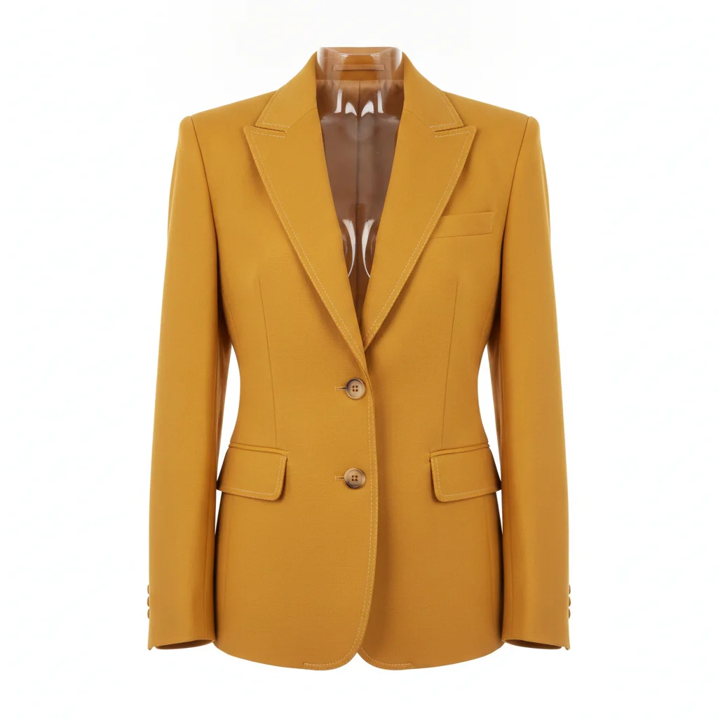 Mustard yellow structured blazer with lapels and button placket on white background