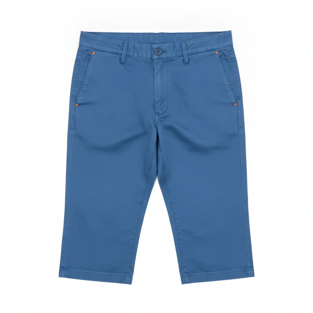 Mid-blue trousers flat-lay with belt loops and pocket stitching visible