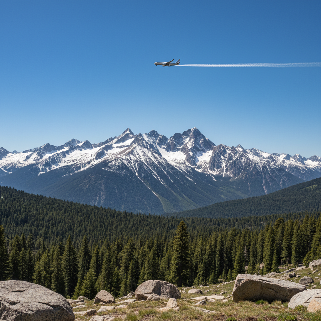 Mountain landscape with airplane crossing blue sky