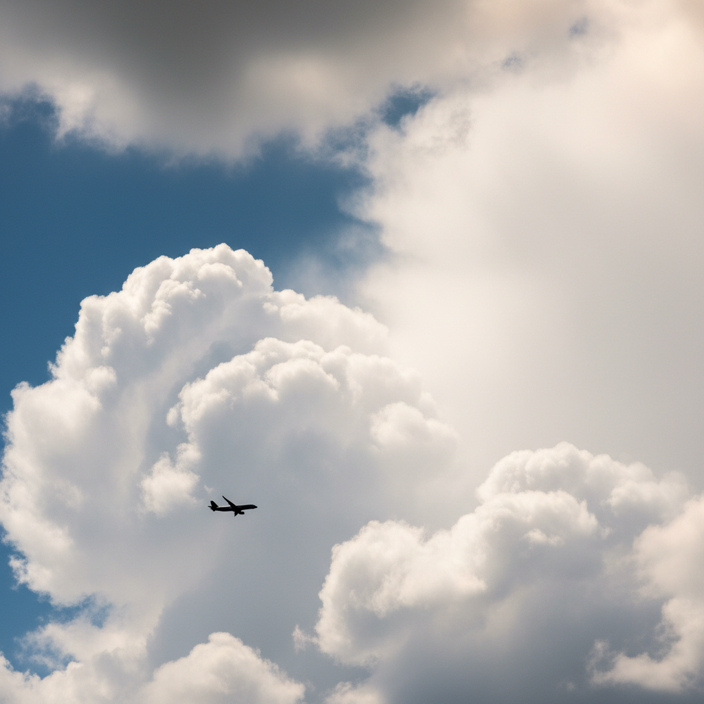Cloudy sky with airplane silhouette