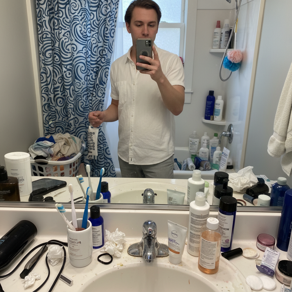 Home bathroom selfie with toiletries visible